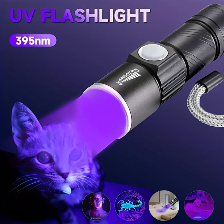 1pc Rechargeable Zoomable UV Flashlight Black Light 395nmUltraviolet Flashlight Detector For Pet Urine StainResin CuringScorpion Hunting