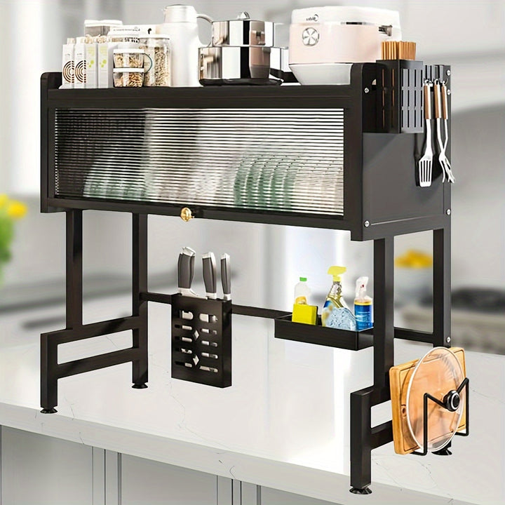 Versatile Kitchen Organizer With Dust Cover  Carbon Steel Storage Rack For Dishes Utensils C4UN