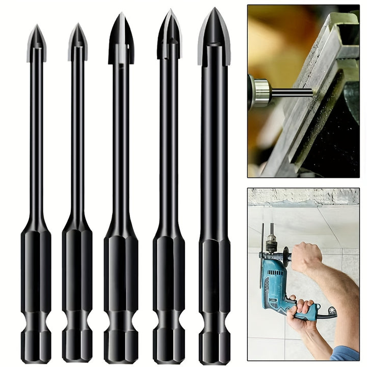 5pcs Highefficiency Universal Drilling Tool Hexagonal Shank Cross Reaming Triangular Drill Bit Glass Ceramic Woodworking Electric Tool Hard Alloy Rust Proof Accessory Cross Spear Head Drill Bit 34568mm