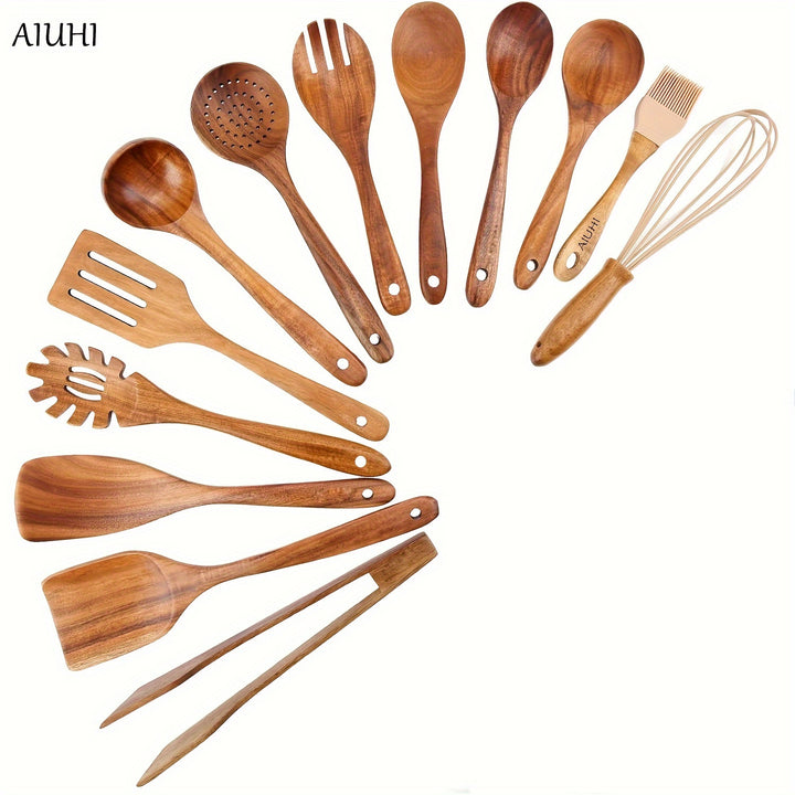 13pcs Wooden Kitchen Utensils Teak Wood Kitchen Wooden Spoons For Cooking Spatula Set With Wooden Spoon Rest Tong Whisk