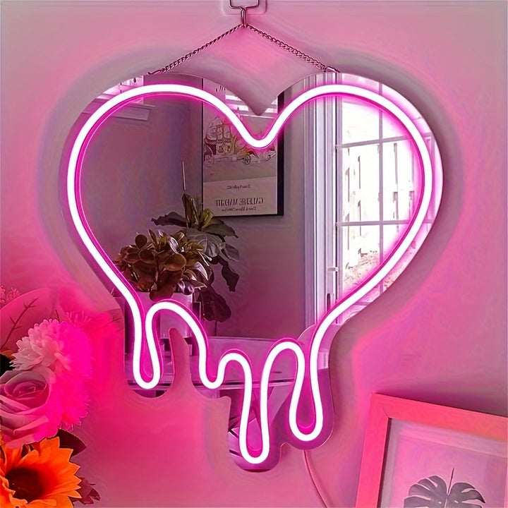 Chic Pink Heart LED Neon Mirror USB Wall Decor  NJVA7X