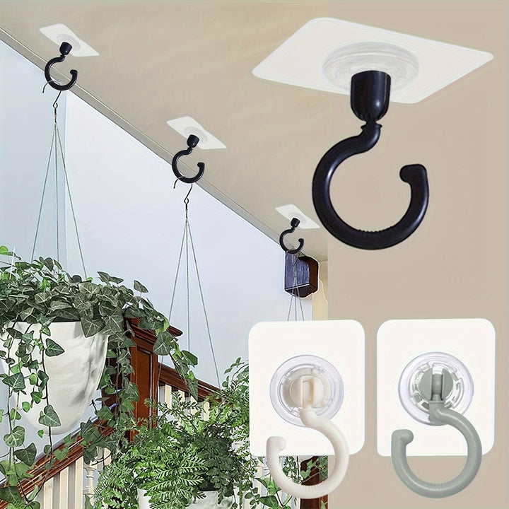 5pcs Self Adhesive Wall Mounted Hook Rotatable Clear Hook No Drill Ceiling Hanging Hook For Plants Lanterns Household Utility Hooks