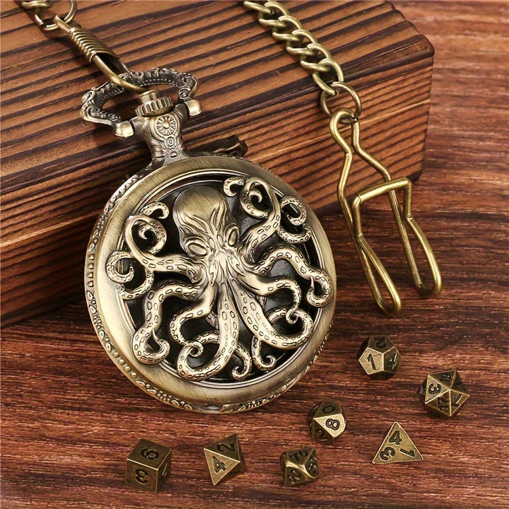 1 retro hollow octopus watch case with thick chain plus 7 metal polyhedral dice table game accessories dice