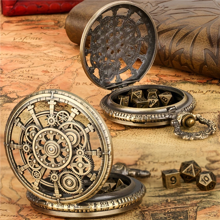 Vintage Punk Hollow Gear Pocket Watch Case with Thickened Chain Includes 7 Metal Dice for RolePlaying Games  Alloy Casual Style NonMagnetic