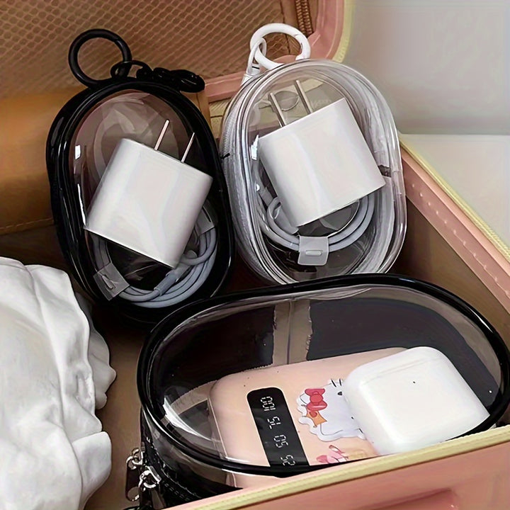 Portable Mini Clear Zipper Storage Bag Compact Multifunctional Organizer Earphone And Charger Case With Keychain Loop Transparent Travel Accessory