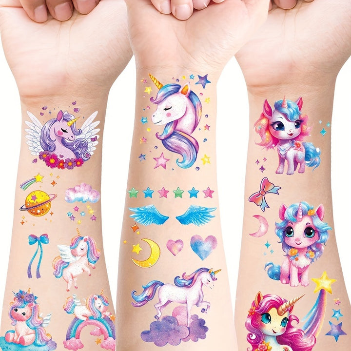 6 Pcs Glitter Unicorn Temporary Tattoo Stickers For Girls Boys Glitter Cartoon Waterproof FKVJ
