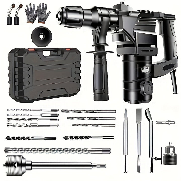 1set HeavyDuty Industrial Electric Hammer Drill 220V EU Plug MultiFunction Rotary Hammer For Drilling Chiseling Wall Piercing Slotting Power Tool With SDS Plus Shanks