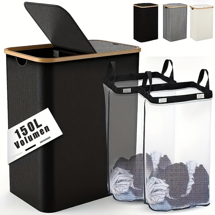 Double Layer Laundry Basket with Lid and Foldable Design  0ST6