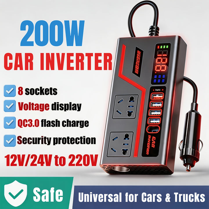 200W Car Inverter Universal Socket 4 USB 1224V to 220V ACAMLAC