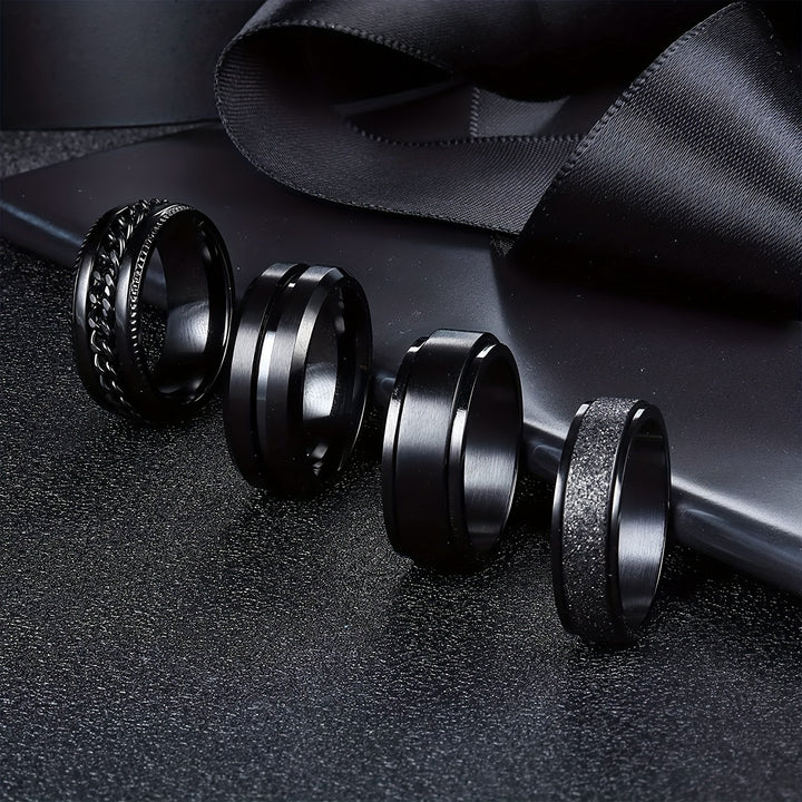 Set of 4 Rotatable Black Groove Rings for Men  UW1L