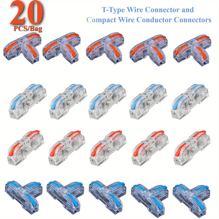 20Pcs Wire Connectors With Colored Levers Include 10 Pcs TType Wire Connector And 10Pcs Compact Wire Conductor Connectors DIY Splicing Into 2345Way Butt Cable Terminal Connectors For 2812 AWG