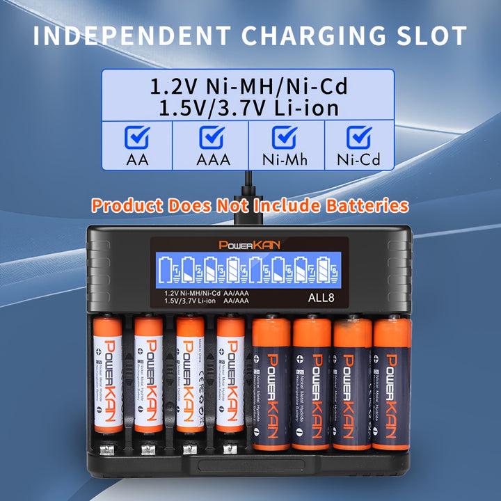 PowerKAN 8Slot Battery Charger  USB Powered Fast Charge for AAAAA NiMH  Liion Batteries 350mAx8  200mAx8 Includes TypeC Cable