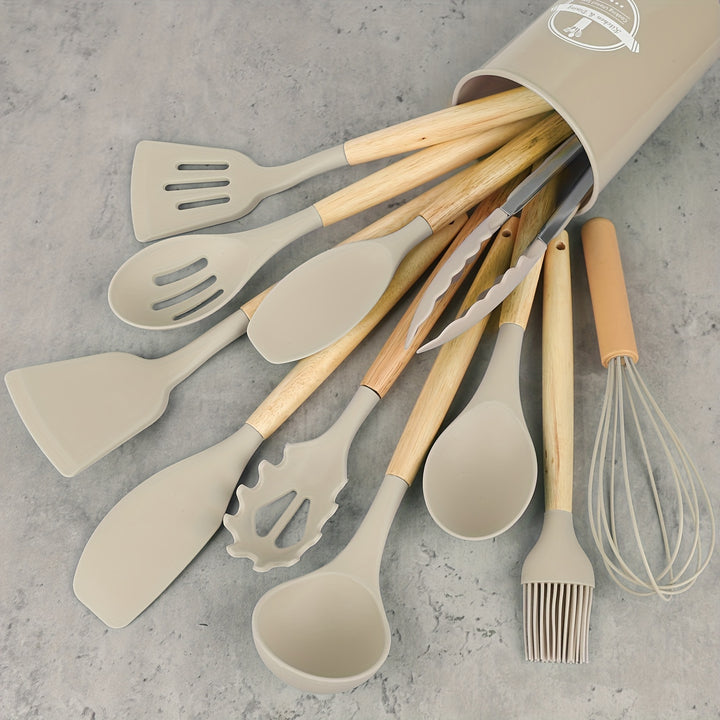 12pcsset Silicone Utensil Set Kitchen Utensil Set Safety Cooking Utensils Set NonStick Cooking Utensils Set With Wooden Handle Washable Modern Cookware Kitchen Stuff Kitchen Gadgets Kitchen Essentials