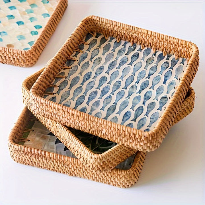  Artistic Rattan Basket with Natural Shell Tray  E8WJ