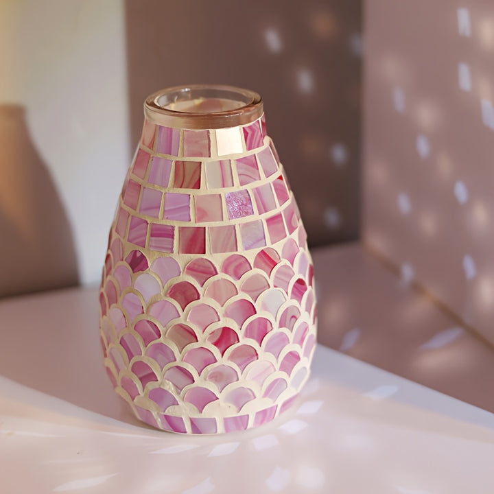 Chic Pink Glass Vase with Colorful Mosaic Design  P2ID