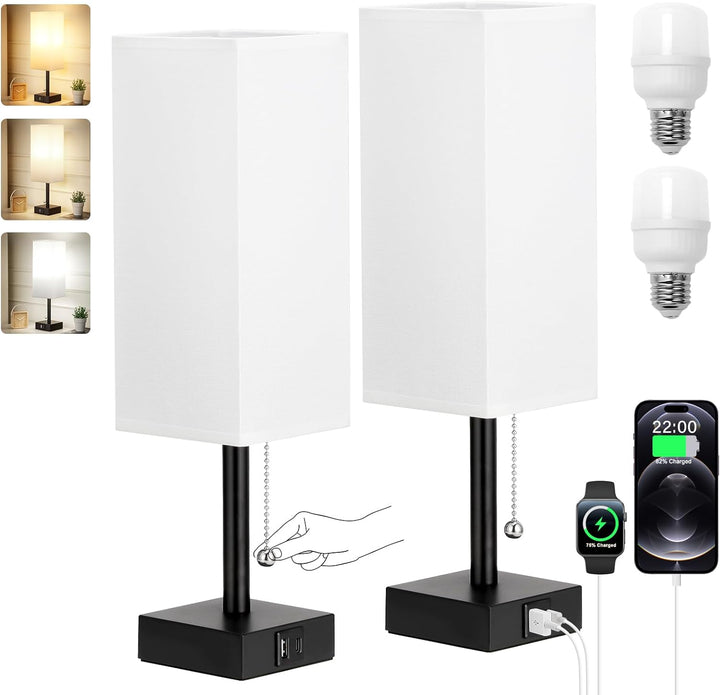 Bedside Lamps Set of 2  White 3 Color Temperatures USB Charging Pull Chain Night Light