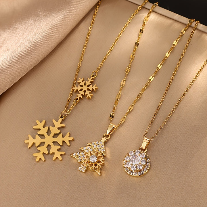 1 Set Christmas Jewelry 18K Golden Plated Stainless Steel Necklace with Rotatable Snowflake and Tree Pendants Vintage and Minimalist Style Plastic Inlay Ideal for Daily Wear and Gifting Christmas Season Accessory