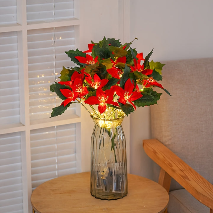 1pc LED 5Piece Red Star Flower Lights Plastic Artificial Christmas Floral Decor Battery Operated Indoor Festive String Lights for Home Party Wedding Engagement New Year Valentines Thanksgiving Christmas Halloween Decor