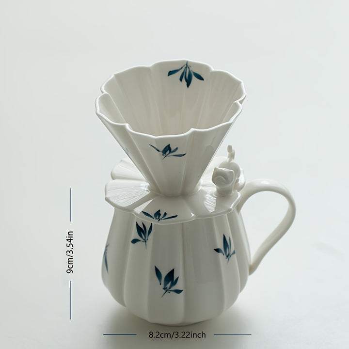 Elegant White Ceramic Phalaenopsis Coffee Pot Set with HandDrawn Design  Perfect for Kitchen  Dining