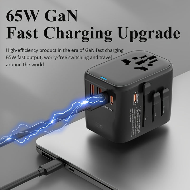 Universal Travel Power Adapter With PD 65W GaN Fast Charger Compatible With Smartphones And Laptops Supports European American British And Australian Plugs