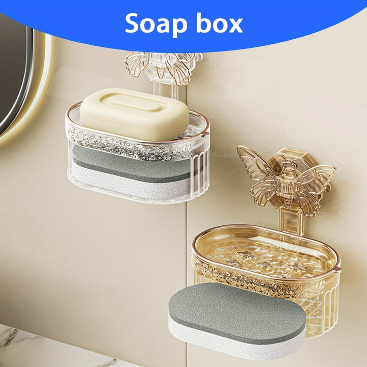 Butterfly Decorative WallMounted Soap Dish with Dual Layers and HandWashing Sponge Plastic Rectangle Soap Holder for Bathroom Accessories JA2Z