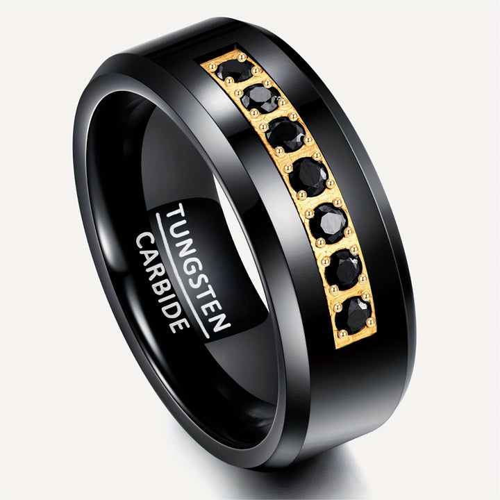 Mens Sleek 8mm Black Tungsten Ring with Golden Accents  Cubic Zirconia  Adjustable USA Sizes 714