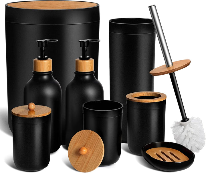 Black Bathroom Accessories Set 8 PCS Matte Black Bathroom Accessory Sets Complete with Trash Can Soap Dispenser and Toothbrush Holder Set Soap Dish Qtip Holders Toilet Brush Holder