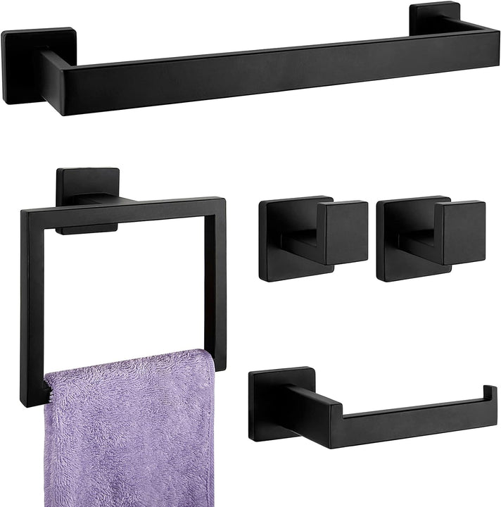 5Pieces Matte Black Bathroom Hardware Accessories Set SUS304 Stainless Steel Bath Towel Bar Set Towel Racks for Bathroom Wall Mounted