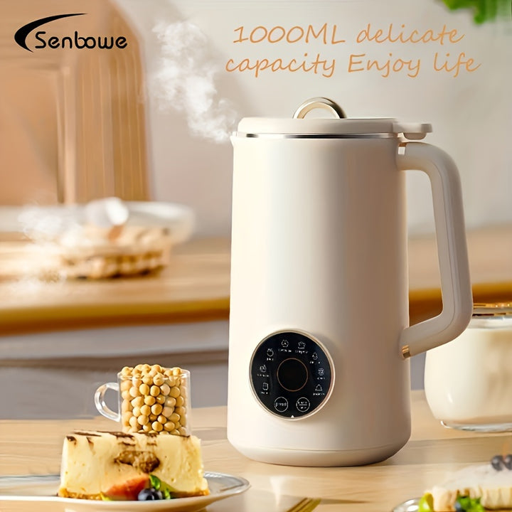 UK Plug 1000ml3381oz 9functions Mini Soybean Milk Maker Digital Display Screen Juicer Maker Heat Preservation And Automatic Cleaning For Household Portable Soy Milk Machine 10Blade 304 Steel Blade With Measuring Cup And Brush