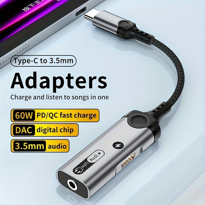 TypeC 2in1 Audio Adapter HighDensity Braided Cable 60W Fast Charge DAC Digital Chip 35mm Audio Jack Durable and AntiCracking