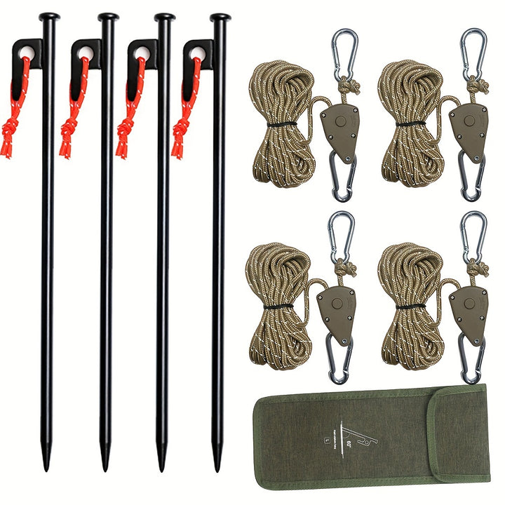 HeavyDuty Steel Tent Stakes 2997cm  399meter Metal Gear Pulley Rope Set  4pcs for Camping Canopy Awning