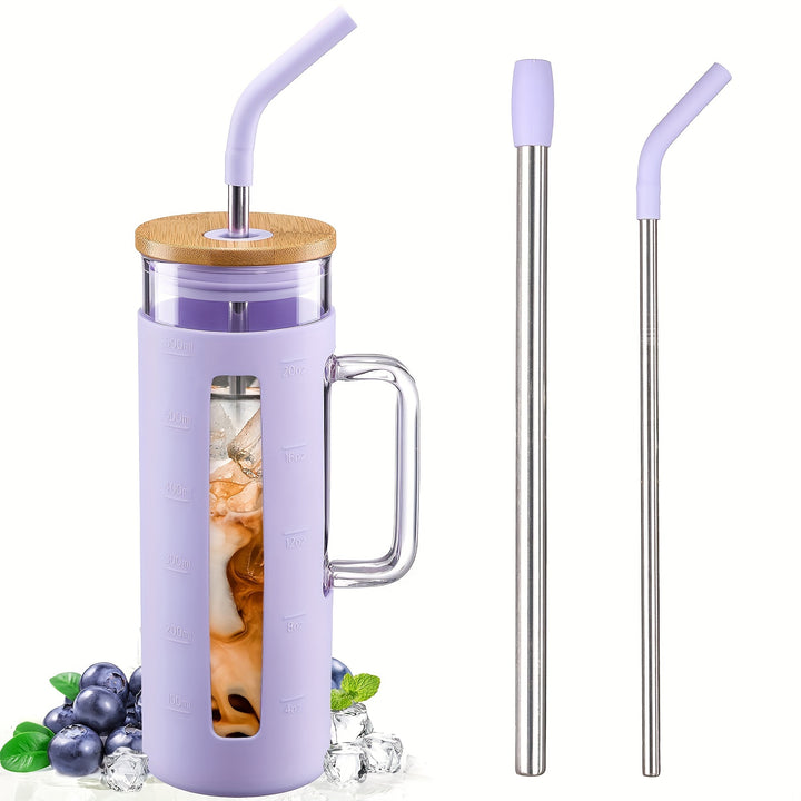 Tumbler With Bamboo Lid And Straw 20oz Glass Coffee Tumbler With Handle Smoothie Cup With Silicone Protective SleeveCBL5