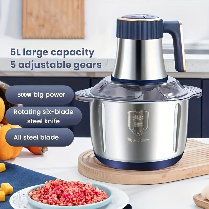 5L Large Capacity Stainless Steel Food Processor  5Speed 6Blade Sharp Knife for Effortless Meat Mincing Chopping  Crushing of Vegetables Onions Garlic Salads  Youngsters Food