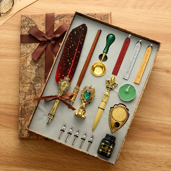 European Feather Pen  Ink Set with Steampunk Dipping PenH74E