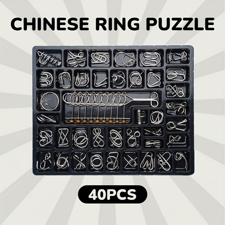 40PCS Metal Brain Teaser Puzzle Set Chinese Ring IQ Test Challenging Mind Game for Kids 36 Years Educational Intelligence Jigsaw Snake Puzzle Logic SkillBuilding Toy
