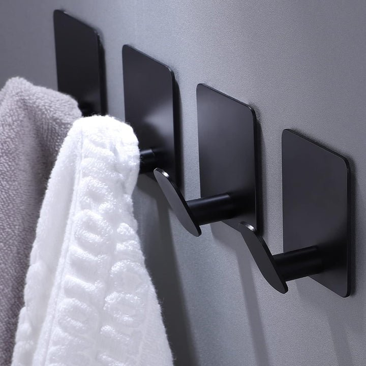 DELITON Adhesive Hooks  4 Pack TowelCoat Hooks Wall Hooks Stick on Bathroom or Kitchen Matte Black Stainless Steel