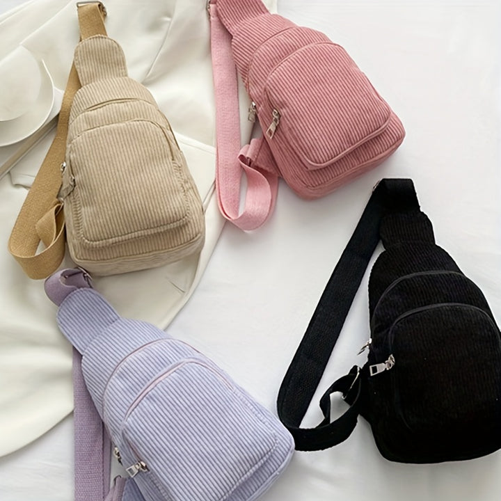 Chic Black Corduroy Crossbody Bag for Women  Casual Fanny Pack with Zip Closure Perfect for Travel  Gifts