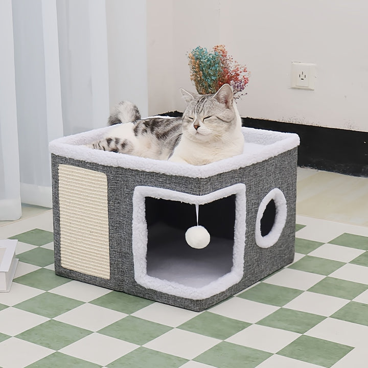 Pet Double Layered Luxury Cat Nest Foldable Sisal Cat Villa Large Closed Cat House Universal For All Seasons