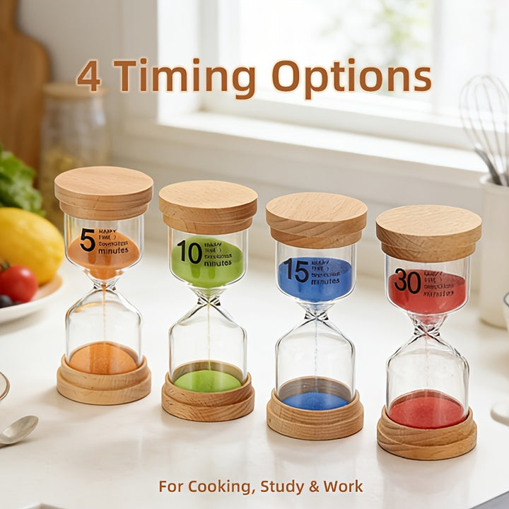 4pc Wooden Lid Glass Hourglass Set