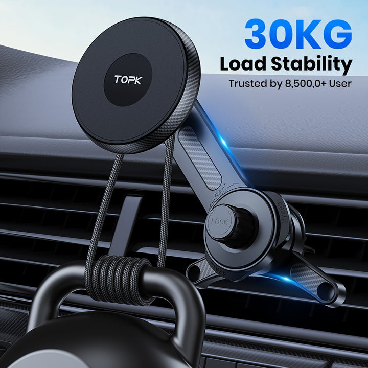 TOPK For Magnetic Car Mount Holder Premium Quality Extended Arm 3Point Support SingleHand Operation Metal Hook Magnetic Car Phone Holder