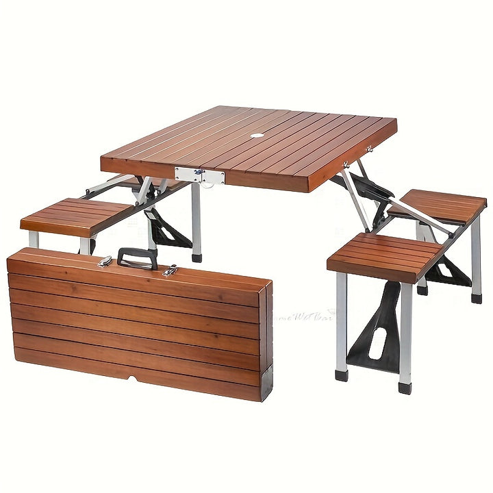 Versatile Solid Wood  Aluminum Alloy Table and Chair Set  Foldable for Easy Storage Perfect for Patio Beach BBQs Picnics Camping  Deep Brown