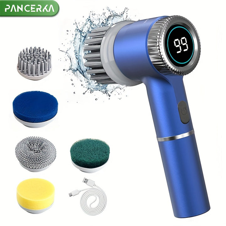PANCERKA Electric Spin Scrubber TYPEC Chargeable Shower Scrubber For Bathroom 5 Replaceable Heads LED Display Threespeed Adjustable Handheld Spin Scrubber Power Shower Scrubber For Cleaning Kitchen Tile Grout Tub Stove Car Windows