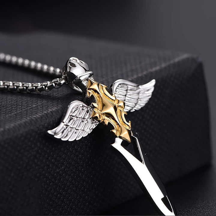 Cross Necklace Male and Female Angel Sword Angel Wings 925 Sterling Silvery Pendant Surface Gold Plated Fashion Jewelry Festival Gift with 60cm Titanium Steel Necklace