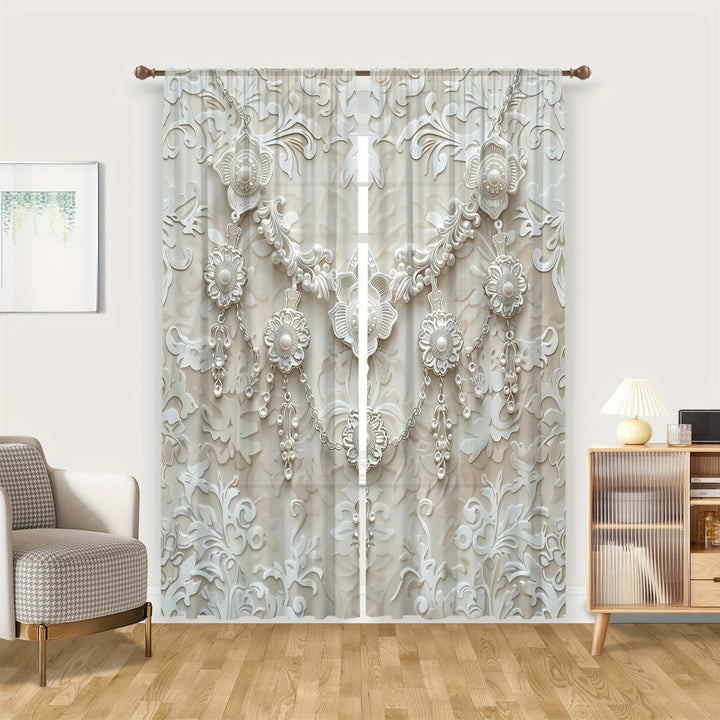 2pcs Set Vintage Palace White Pearl Lace Sheer Curtains  Rod Pocket Design For Living Room Bedroom Dining Office  Home Decor Elegant Living Room Curtains Luxury Home Decor
