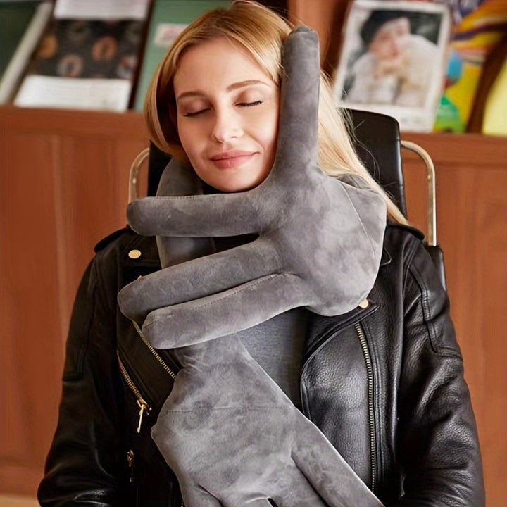 Versatile PalmShaped Travel Pillow  Adjustable Memory Foam Neck Support for Office Naps  Car Rides Soft Milk Fleece Cover Blue