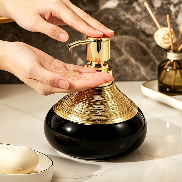 Luxury Black  Golden Brushed Ceramic Soap Dispenser Bottle  Refillable PressPump Suitable for Hand Lotion for  Commercial Use Modern Standalone Bathroom with Refillable Pump System Decorative Ceramic Container