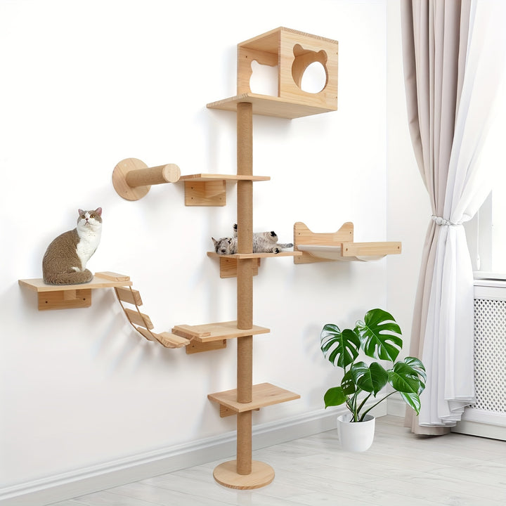 Deluxe Solid Wood Cat Tree Tower with Scratching Post  DU9V