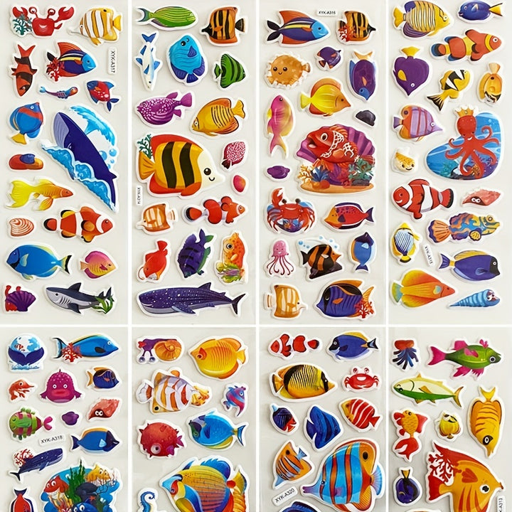 8SheetsPack 3D Cartoon Sea Fishes Animal Stickers Ocean World Coral Jellyfish Mermaid Waterproof Sticker Kids Scrapbook Decal ToysHJ0R