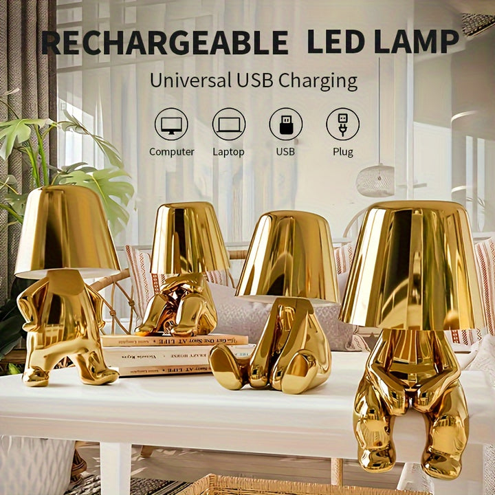 1pc Bedside Touch Control Table Lamp Golden Decor Thinker Statue LED Table Lamp With USB Port 3 Way Dimmable Modern Night Light Nightstand Lamp For Home Living Room Office Shelf Decor
