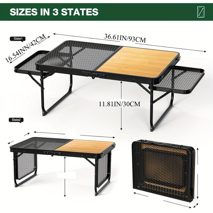 Foldable Camping Table with Mesh Wood Grain Top Ultra Lightweight Aluminum Picnic Low Type Outdoor Storage Bag Included Waterproof Garden  Lawn Use Garden Houses